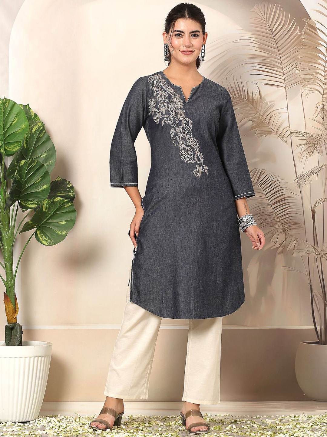 

Nayam By Lakshita Floral Embroidered Thread Work Denim Kurta, Blue