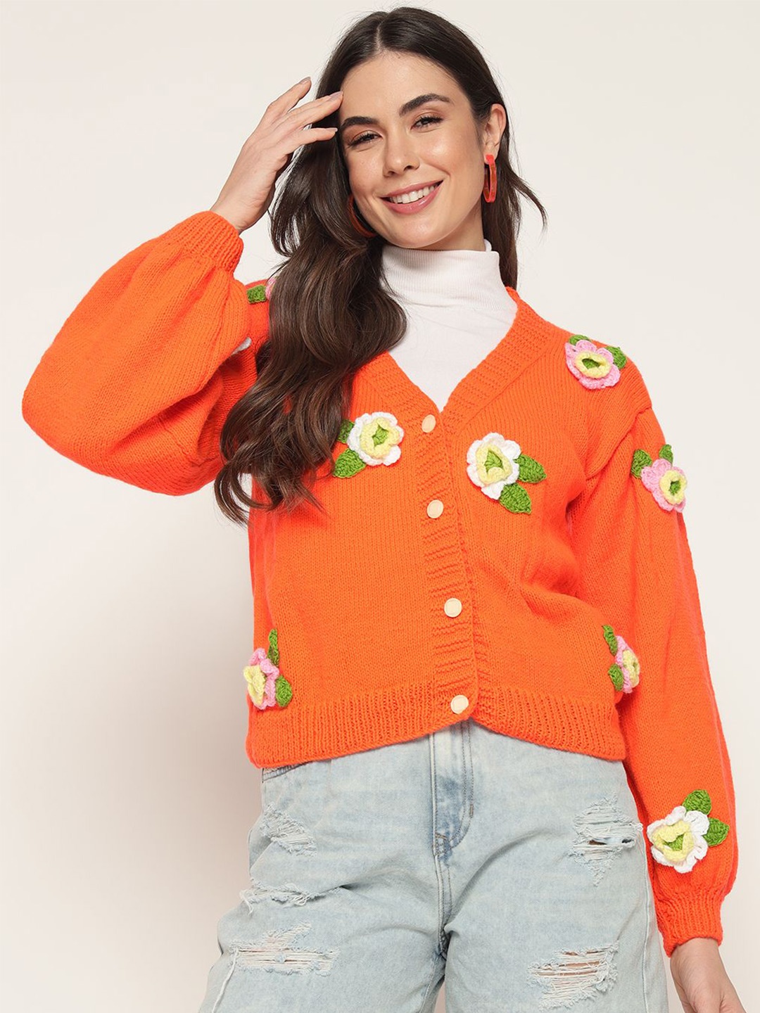 

Sugercandy Women Floral Ribbed Woollen Cardigan, Orange