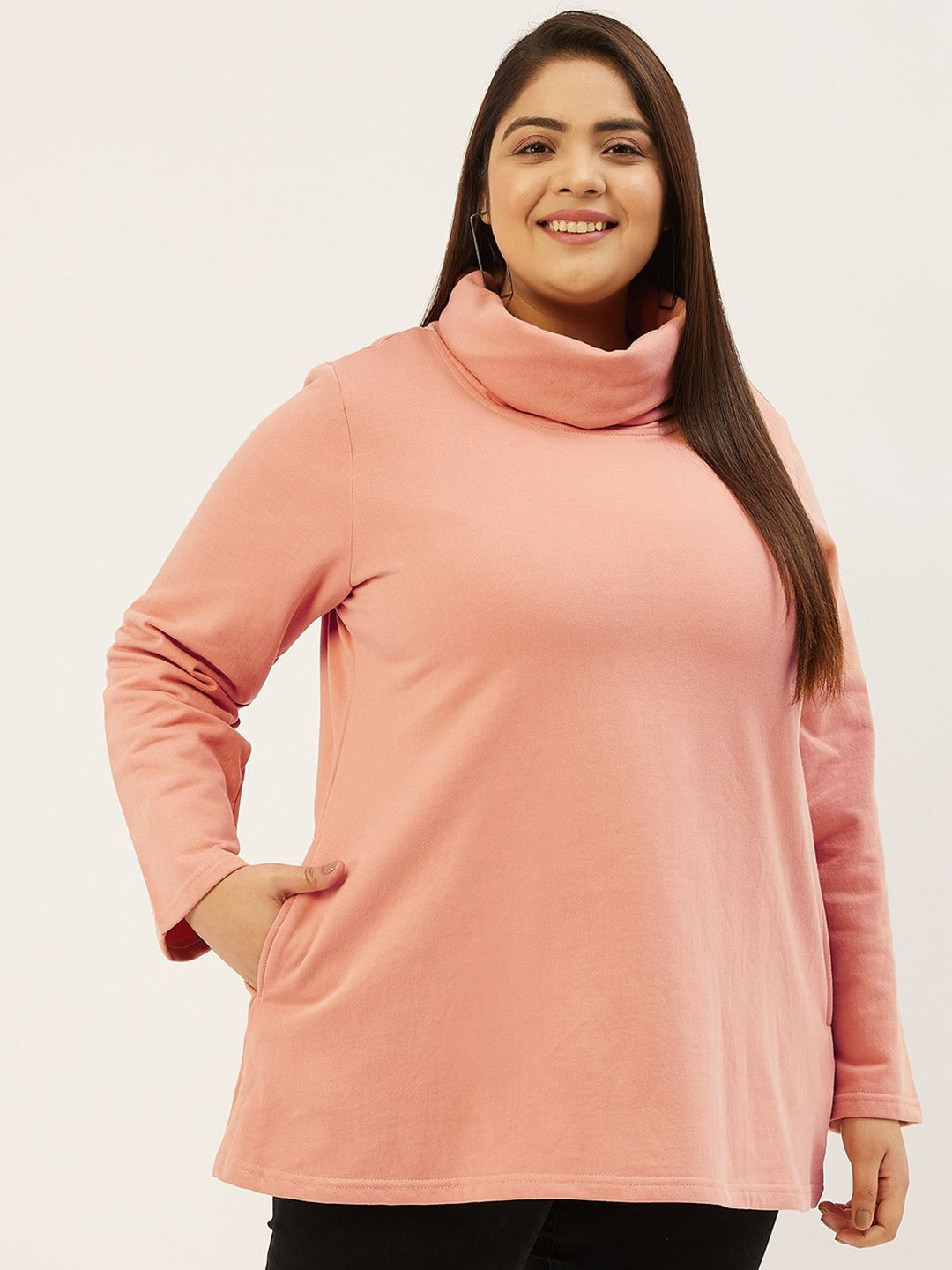 

theRebelinme Women Cotton Long Sleeves Turtle Neck Casual Sweatshirt, Pink