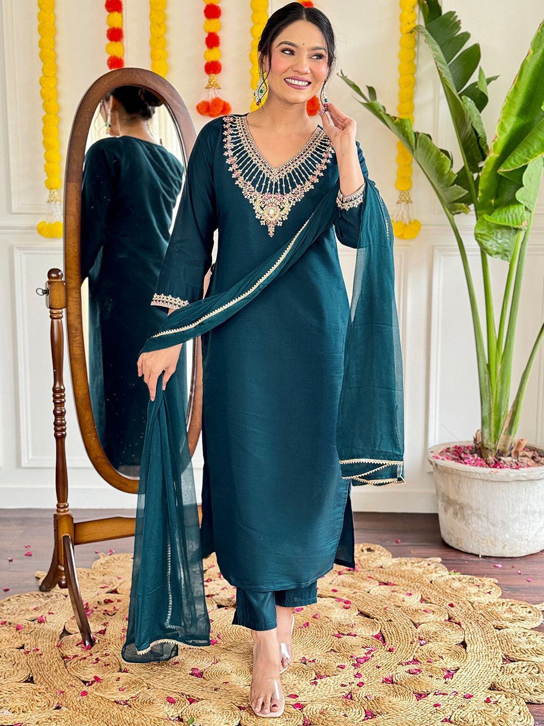 

BLACK SCISSOR Ethnic Motifs Yoke Design Chanderi Silk A-Line Kurta With Trousers & Dupatta, Teal