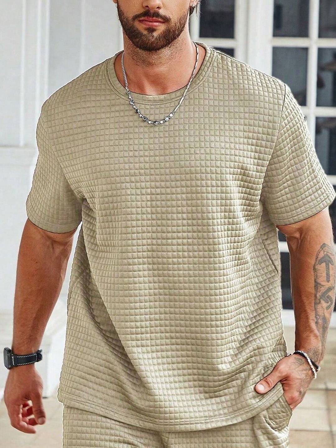 

StyleCast x Revolte Men Self Design Round Neck T-shirt, Beige