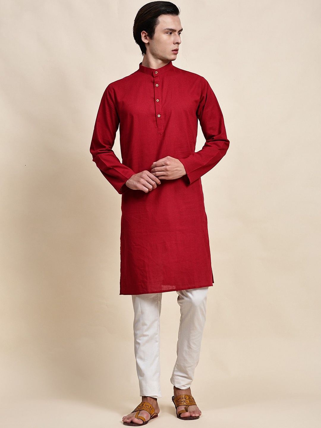 

SKAVIJ Men Regular Cotton Linen Straight Kurta with Pyjamas, Red