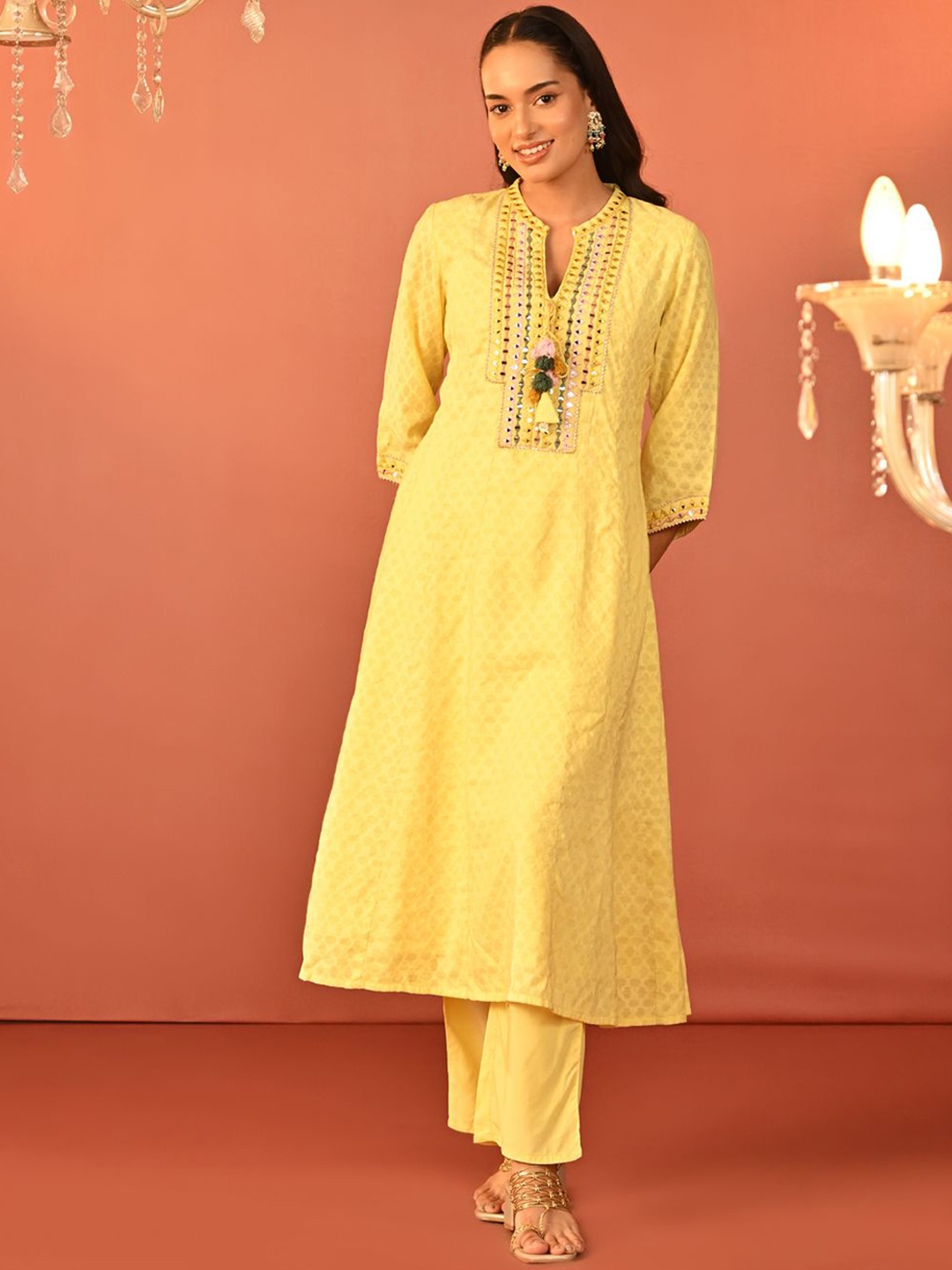 

Lakshita Geometric Embroidered Mirror Work Pure Cotton Anarkali Kurta with Trousers, Yellow