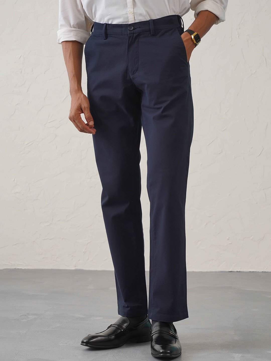 

Minus One Men Regular Fit Cotton Formal Trouser, Navy blue