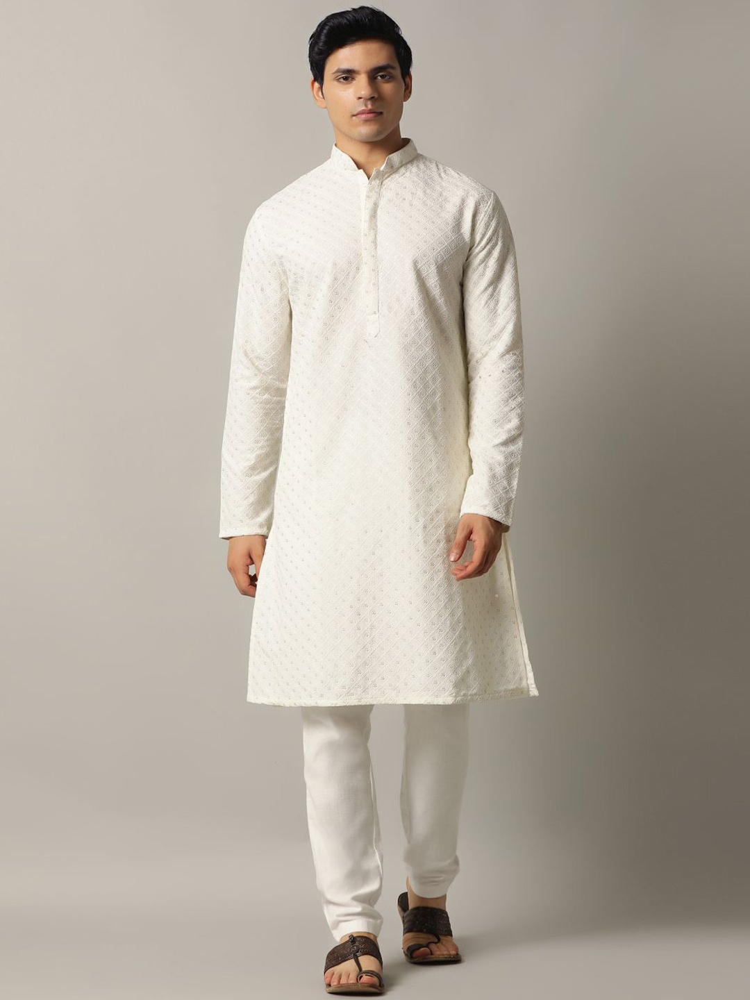

THE KURTA COMPANY Geometric Embroidered Regular Straight Kurta, Off white