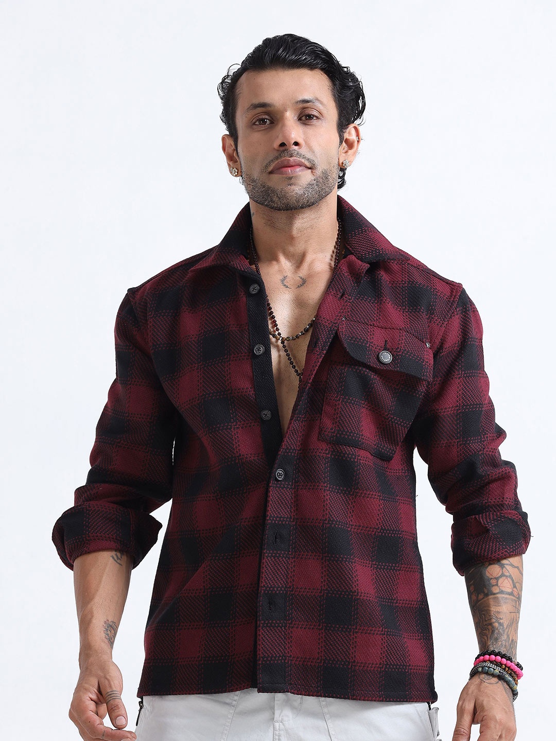 

Italian Colony Cadillac Check Cuban Relaxed Fit Shacket, Maroon