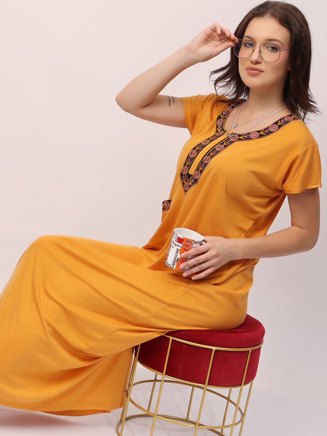 

NIGHT KEYS Women Round Neck Short Sleeves Maxi Nightdress, Yellow
