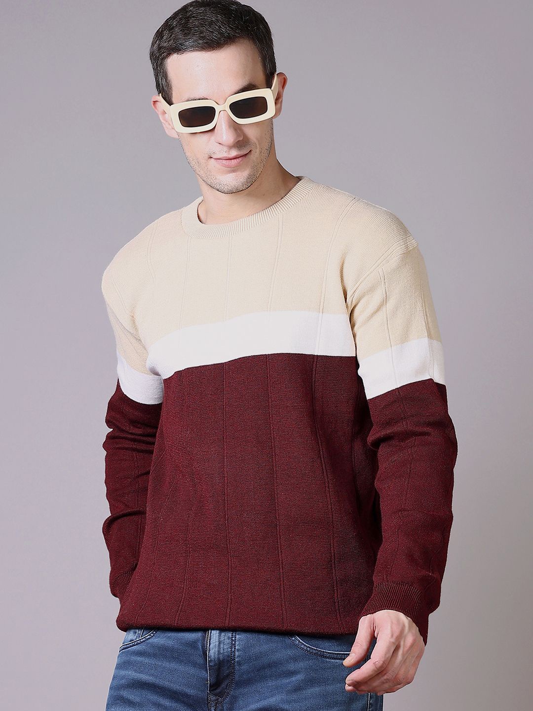 

V-Mart Men Colourblocked Pullover Sweater, Maroon