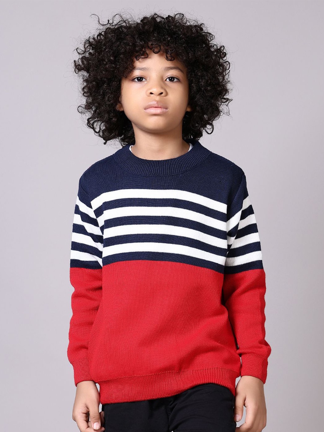 

V-Mart Boys Striped Round Neck Pullover, Red