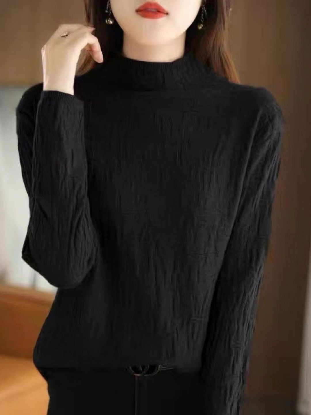

KPOP Women Self Design Pullover Sweater, Black