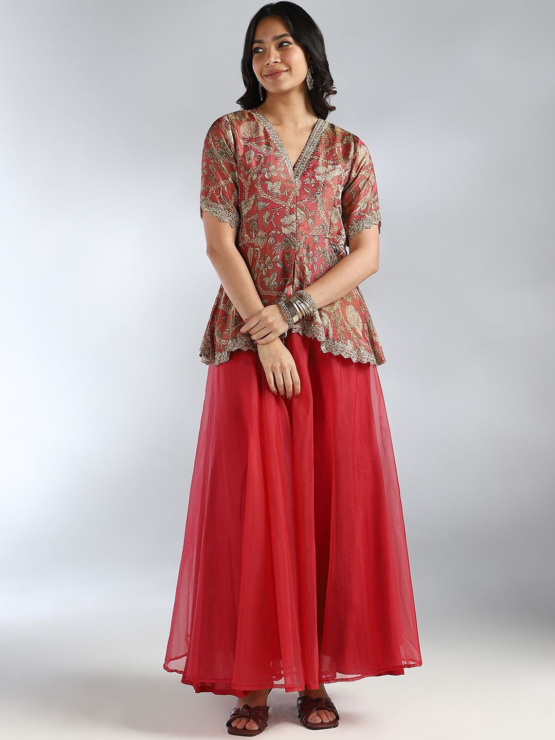 

House Of Dharaa Women Printed Regular Sequinned Kurti with Palazzos, Red