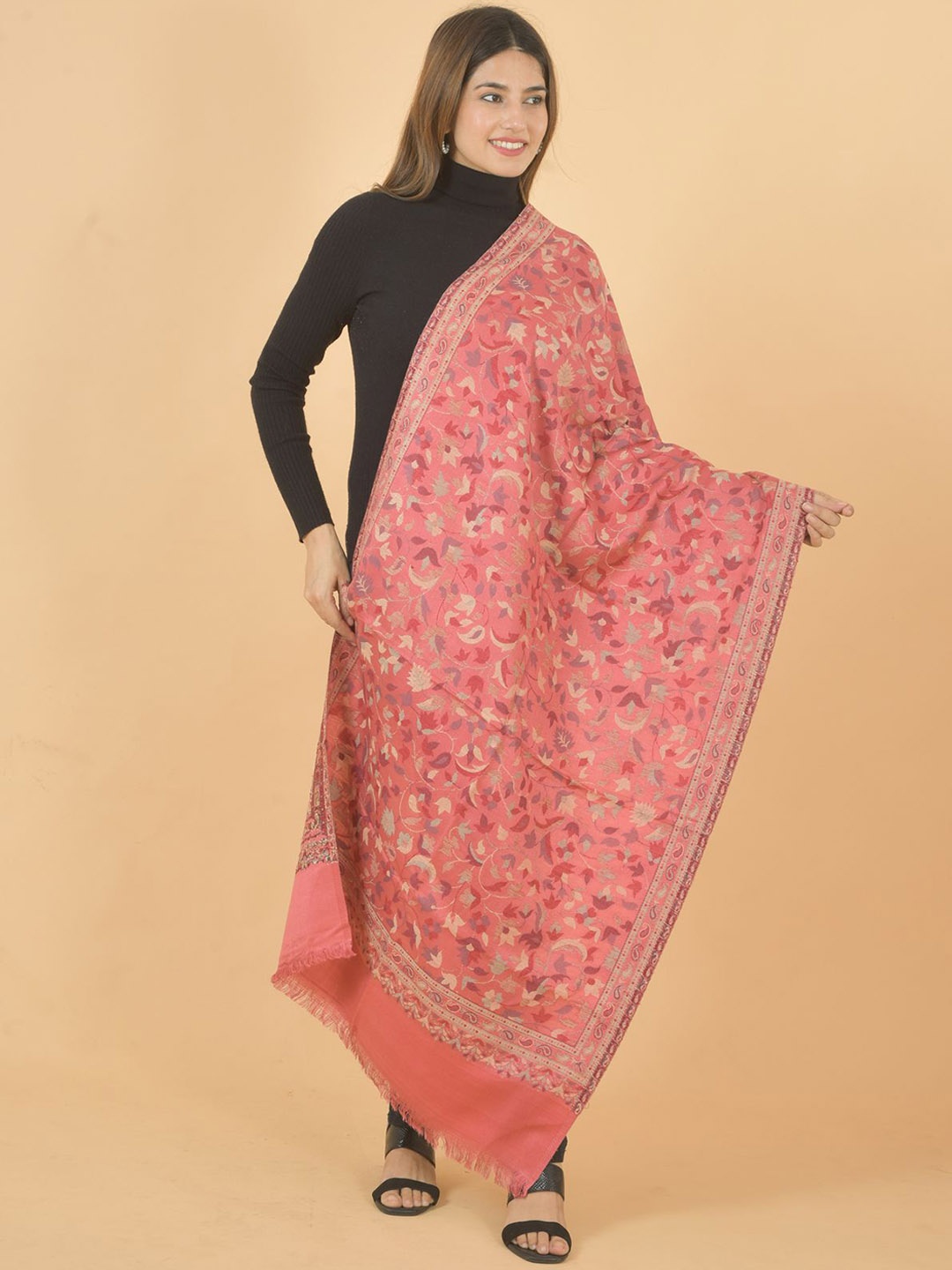 

BAISA Ethnic Motifs Woven Design Shawl, Pink