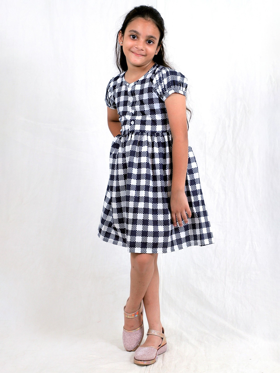 

TILISM Girls Checked Cotton Round Neck Fit & Flare Dress, Black