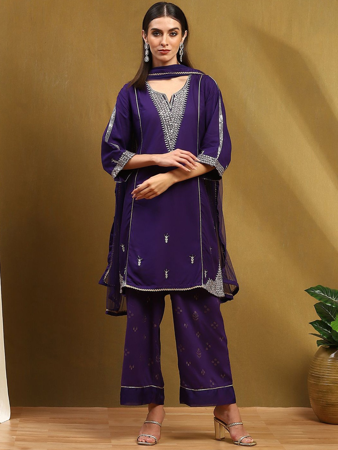 

Biba Floral Embroidered Sequinned Straight Kurta With Trouser & Dupatta, Purple