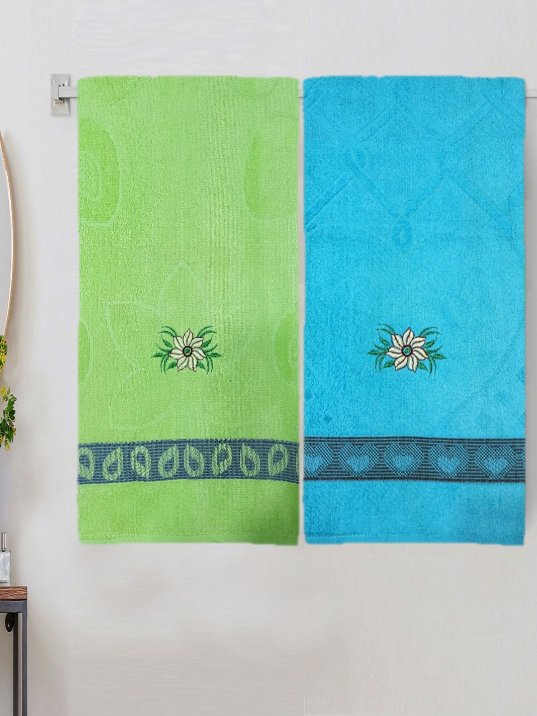 

ANA Turquoise Blue & Green 2 Pieces Floral Printed Cotton 400 GSM Bath Towel