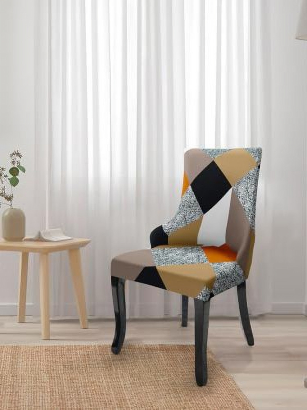 

HOUSE OF QUIRK White & Brown Printed Wingback Side Chair Slipcover-Accent Chair Cover
