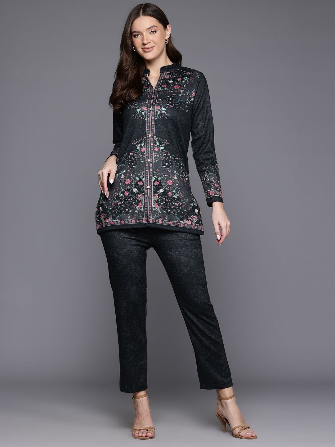 

Cayman Printed Pure Wool Tunic With Trousers Co-Ords, Charcoal