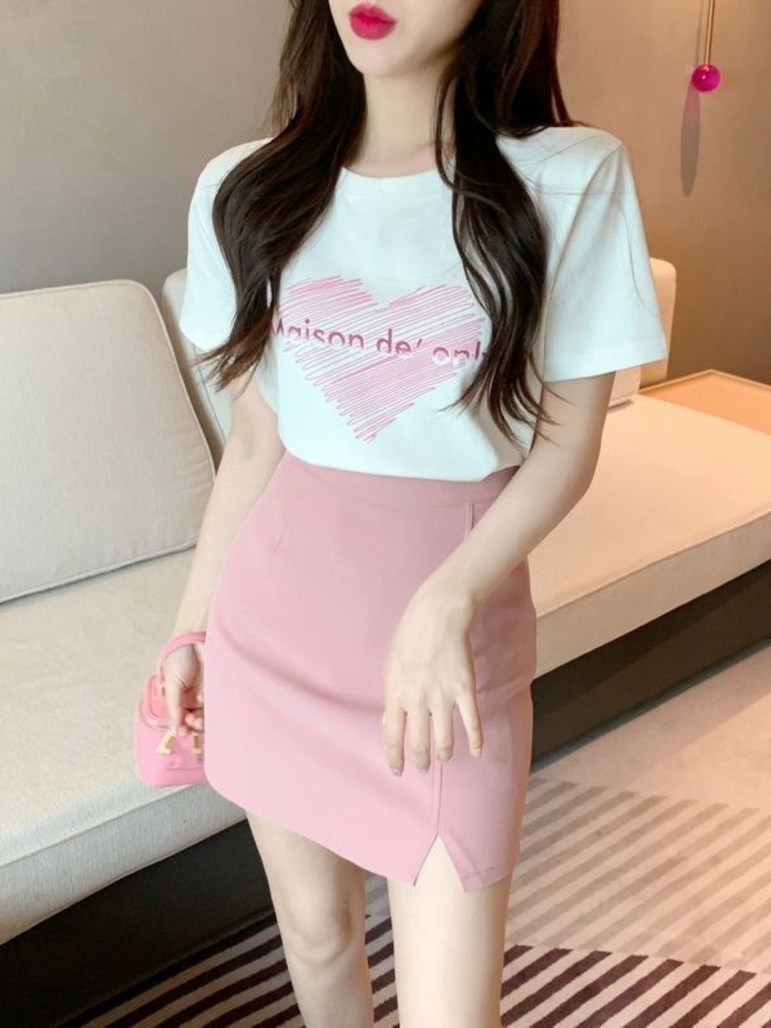 

HERE&NOW Printed Round Neck T-Shirt With Skirt, Pink