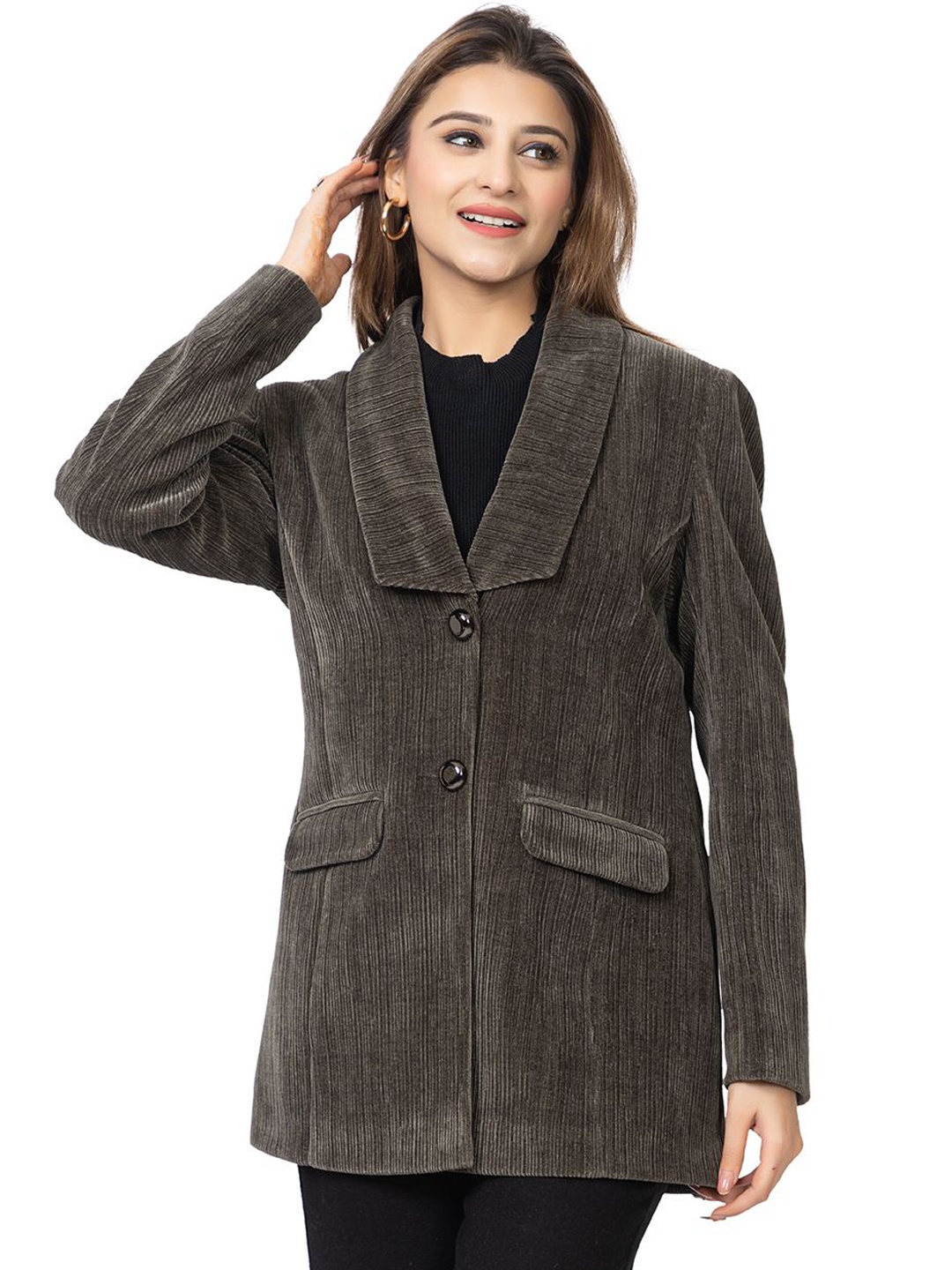 

ELEVEIGHT Self Design Shawl Collar Single Breasted Blazer, Olive