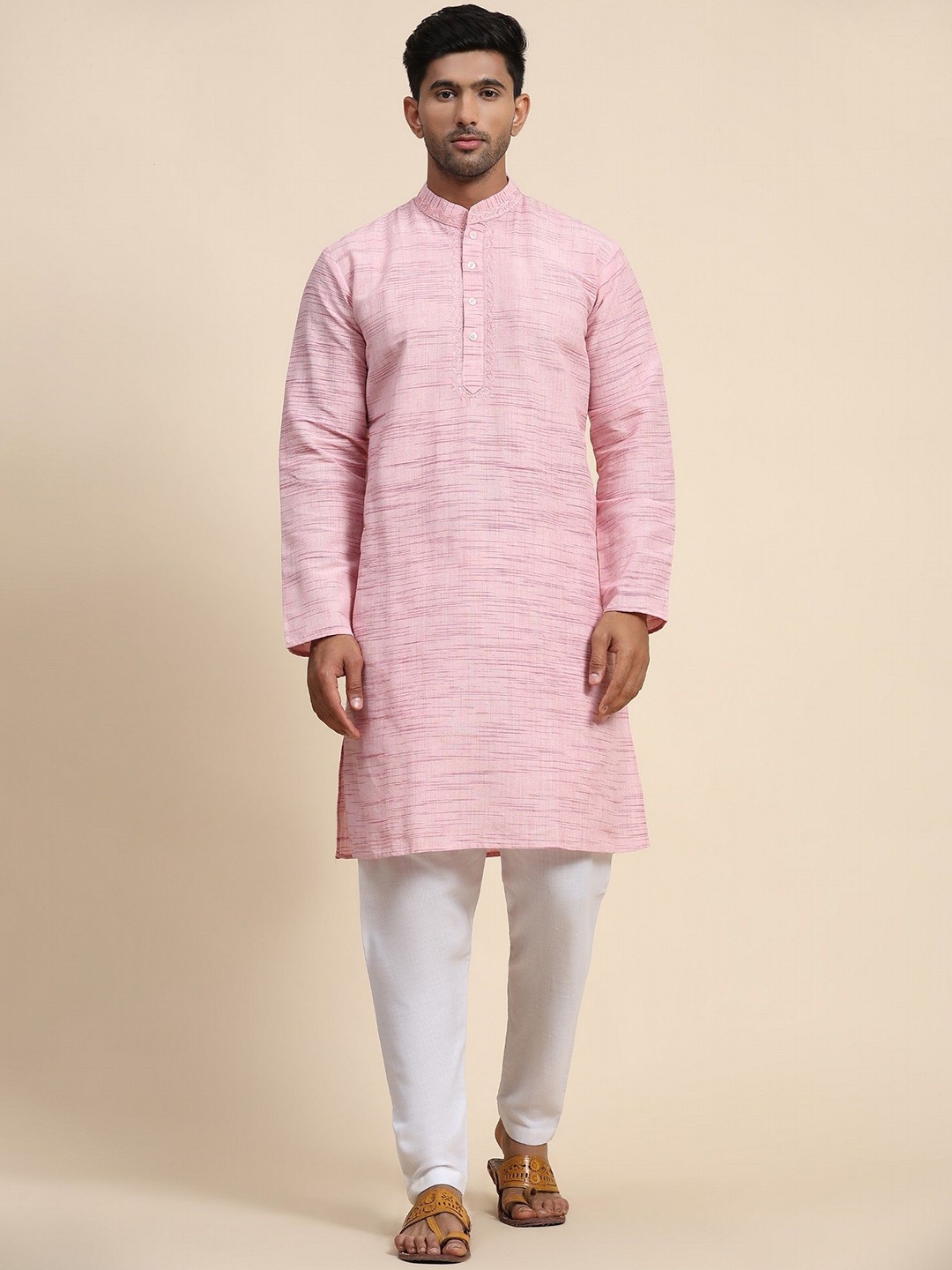 

SKAVIJ Striped Woven Design Thread Work Straight Kurta with Trouser, Pink