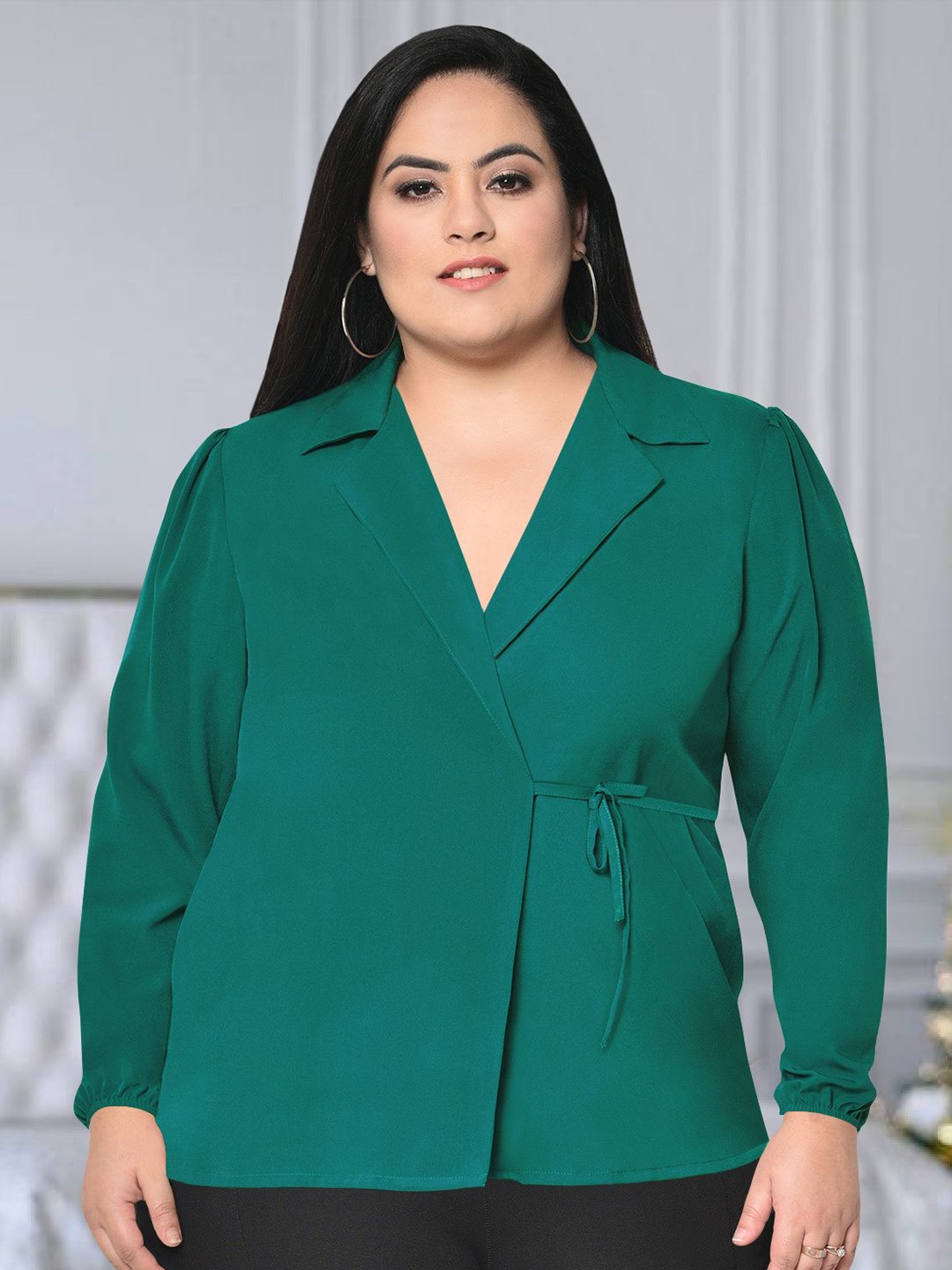 

wild U Bishop Sleeves Shirt Collar Long Sleeves Plus Size Wrap Top, Green