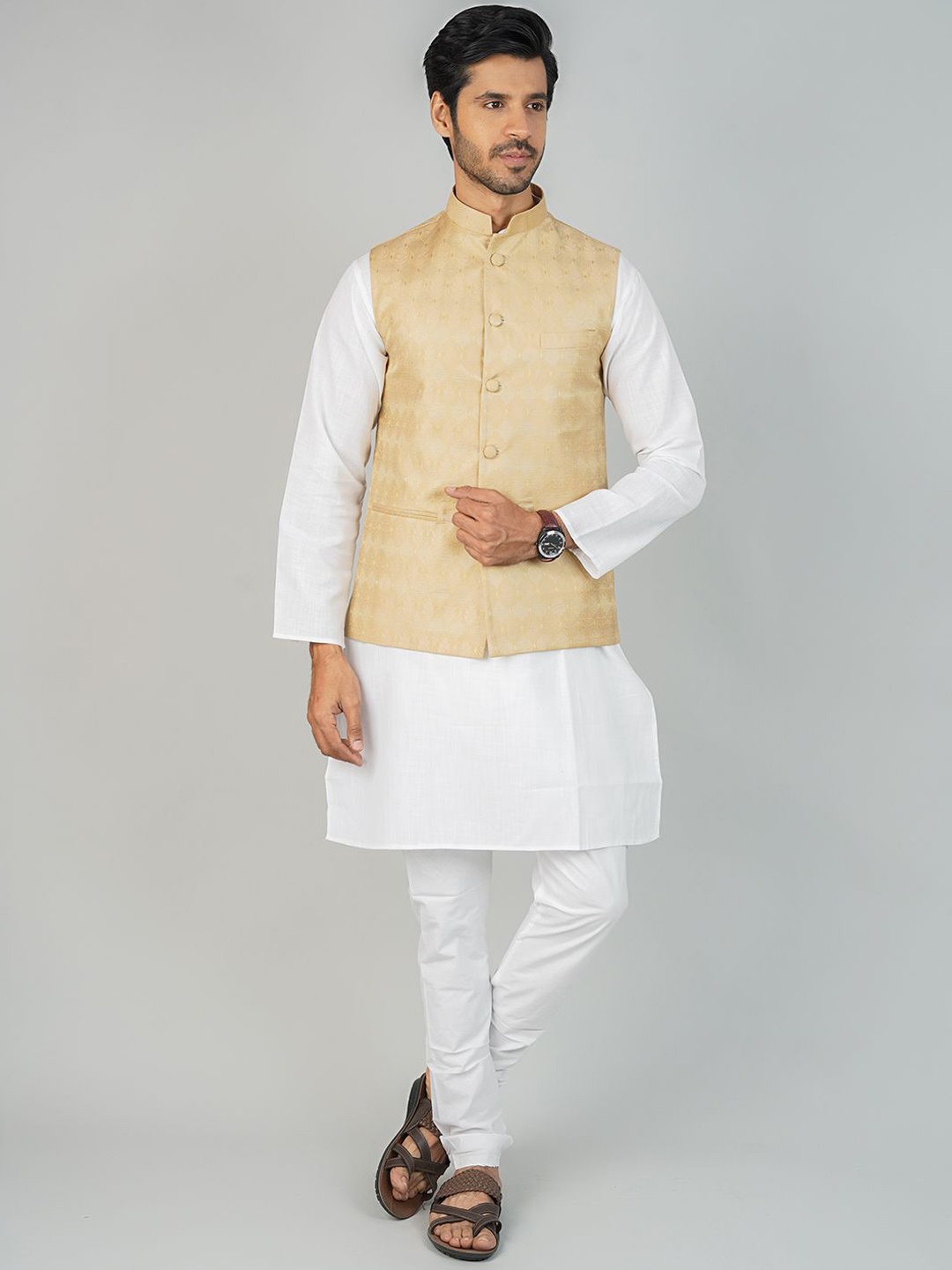 

Wintage Mandarin Collar Cotton Silk Straight Kurta with Pyjamas & Nehru Jacket, White