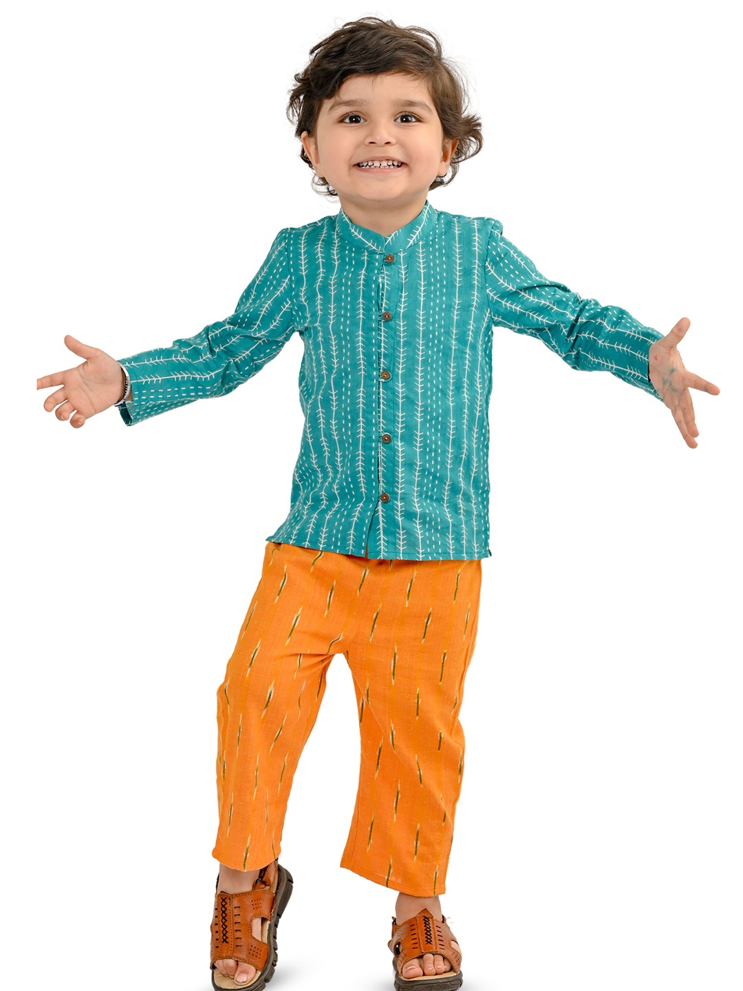 

Tiny Bunnies Boys Printed Mandarin Collar Pure Cotton Shirt With Trousers, Green