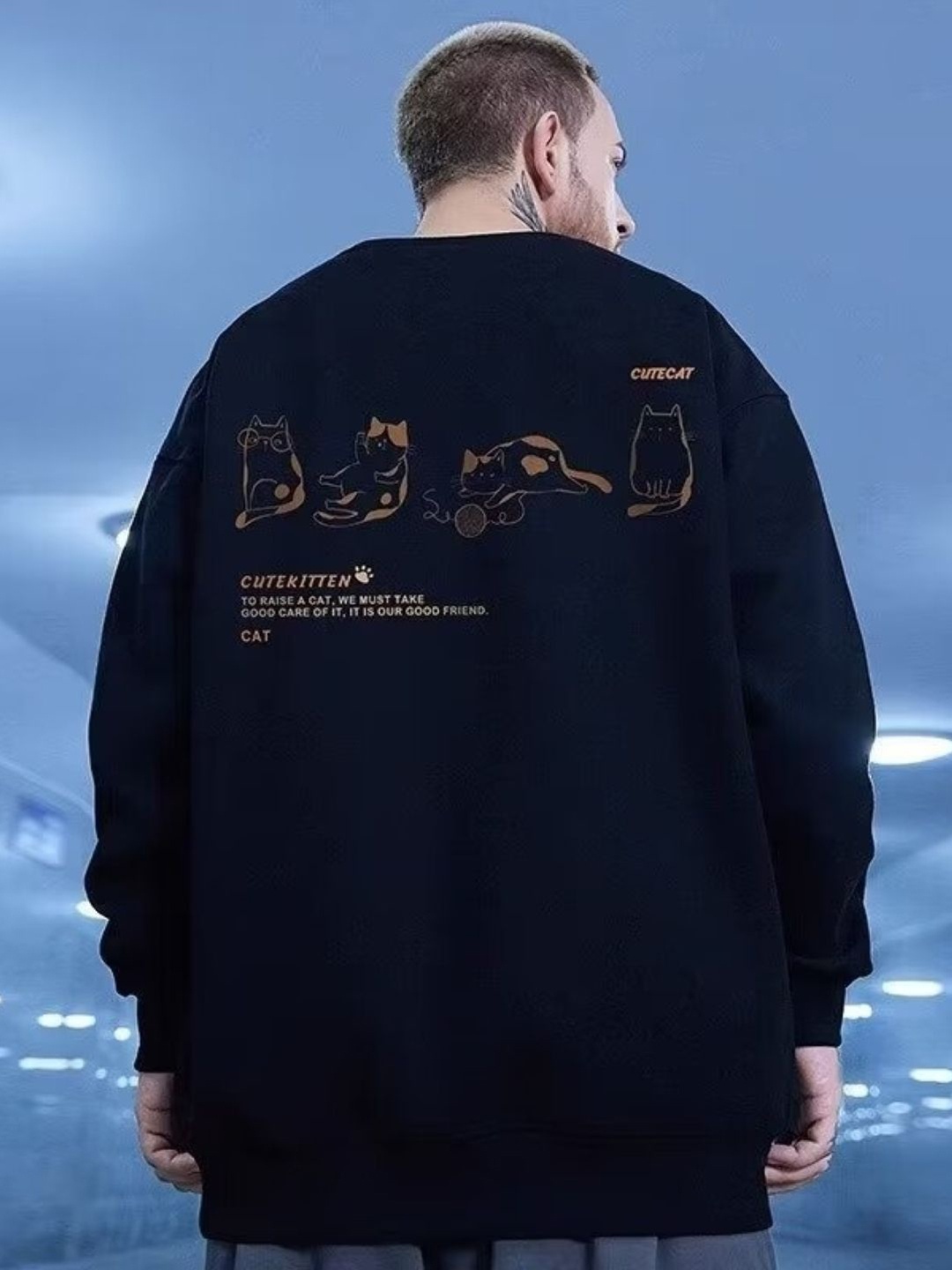 

KPOP Men Printed Round Neck Pullover Sweatshirt, Black