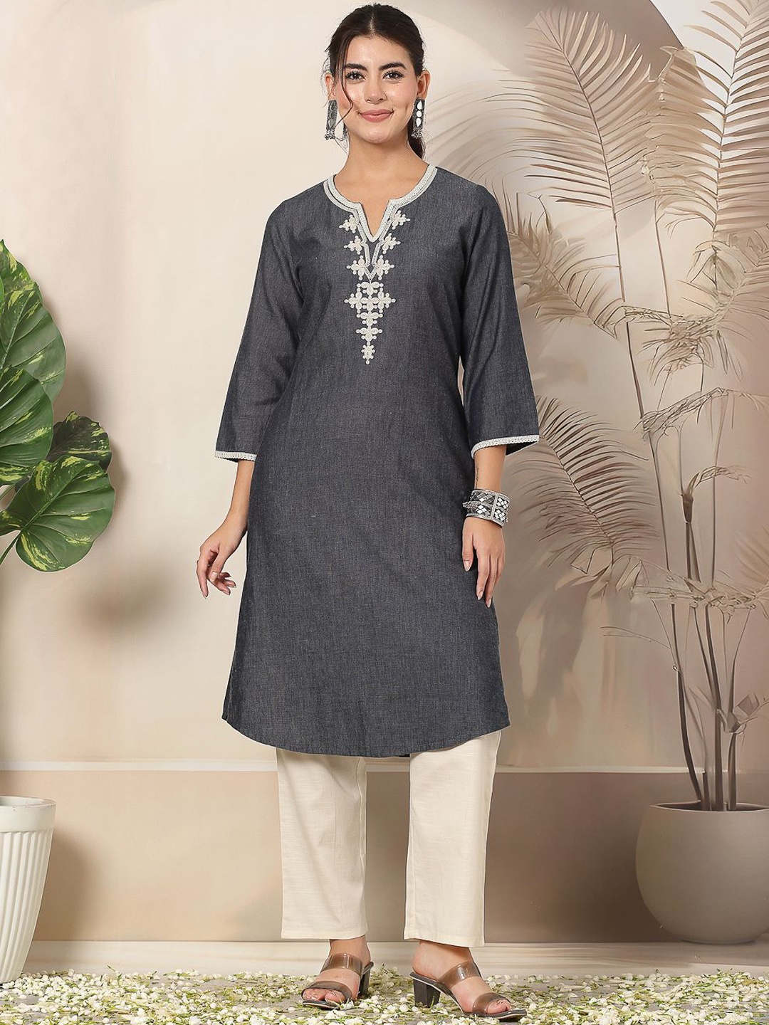 

Nayam By Lakshita Floral Embroidered Thread Work Denim Kurta, Grey