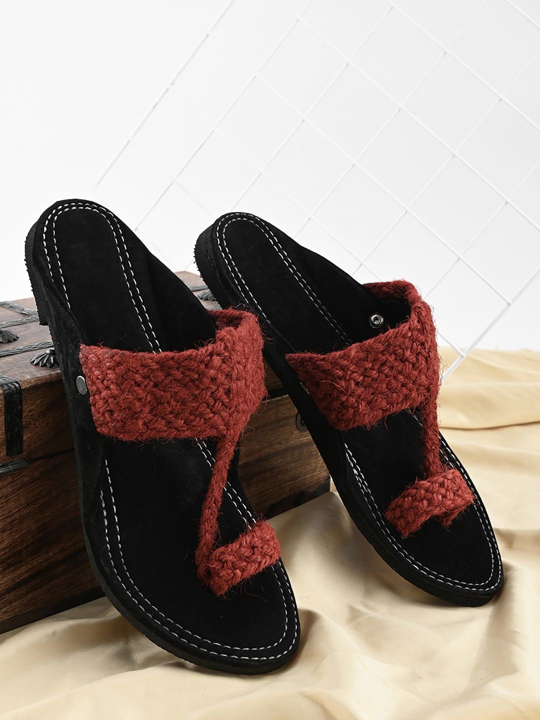 

Apratim Men Woven Design Open Toe Flats, Red