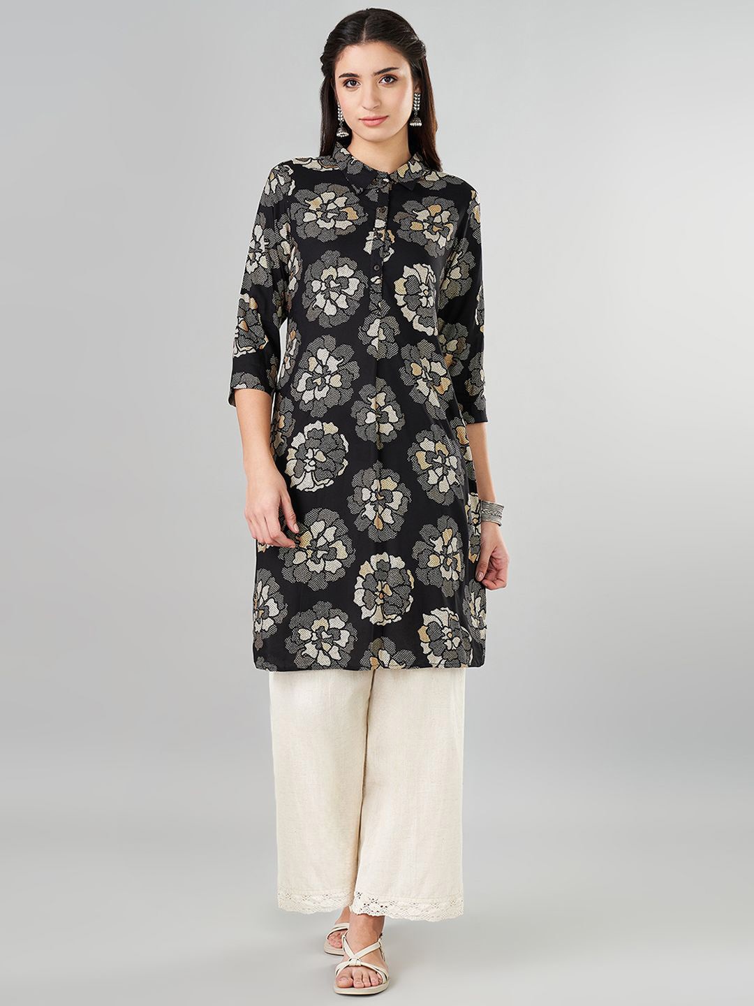 

RANGMANCH BY PANTALOONS Abstract Printed Shirt Collar Straight Kurta, Black