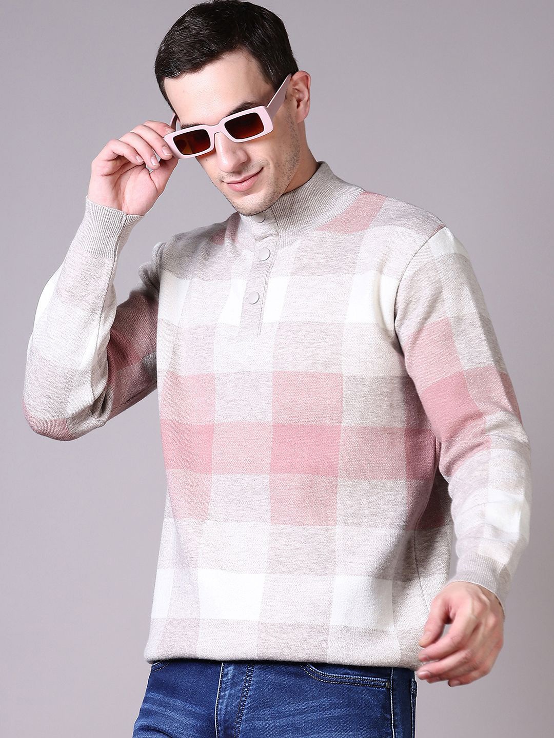 

V-Mart Men Checked Turtle Neck Pullover Sweaters, Peach