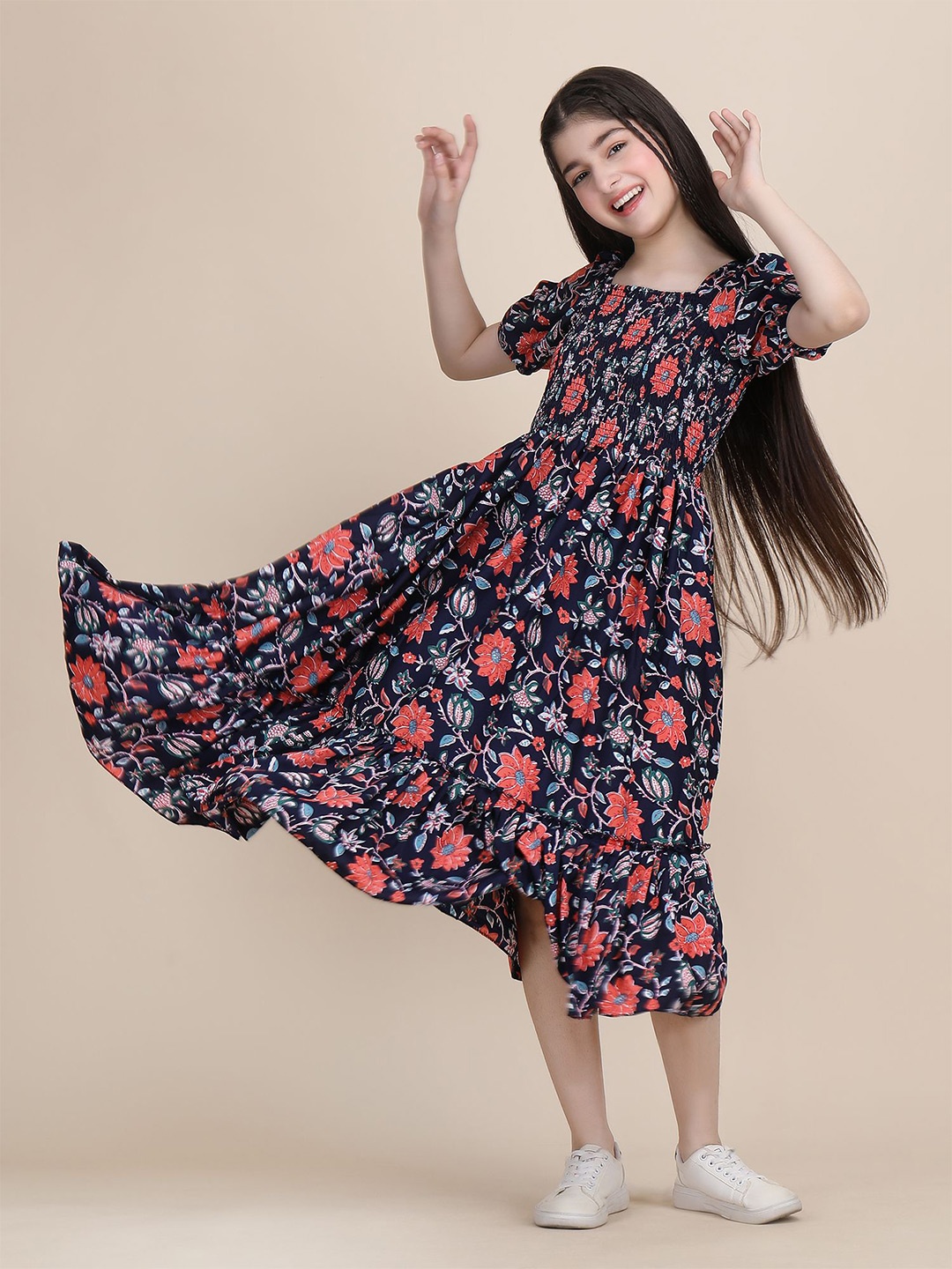 

DEKLOOK Girls Puff Sleeve Square Neck Fit & Flare Casual Dress, Blue