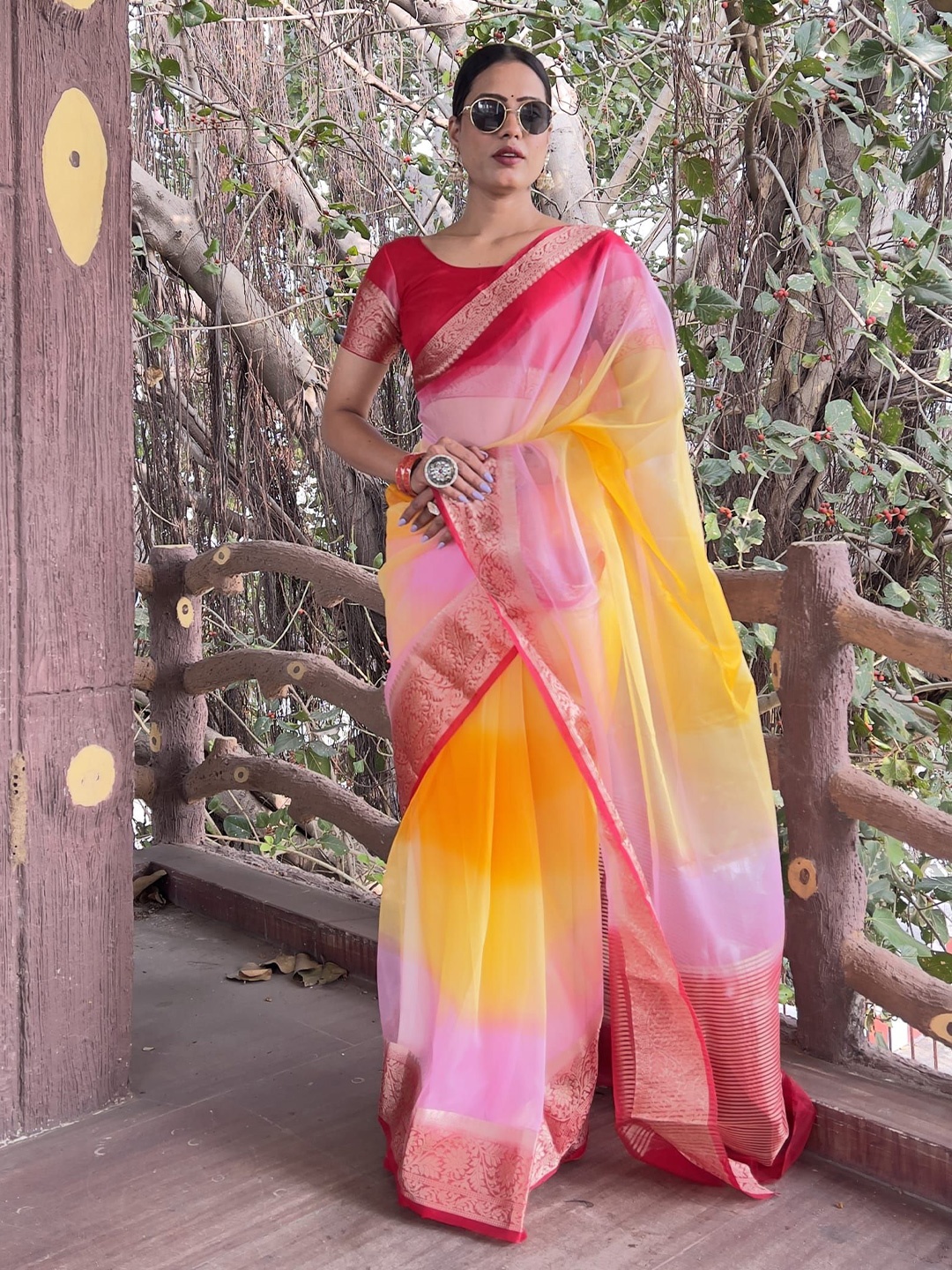 

V3 FASHION STUDIO Tie and Dye Zari Organza Holi Saree, Yellow