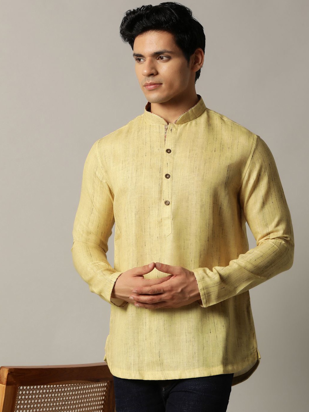 

THE KURTA COMPANY Woven Design Mandarin Collar Long Sleeves Straight Kurta, Yellow