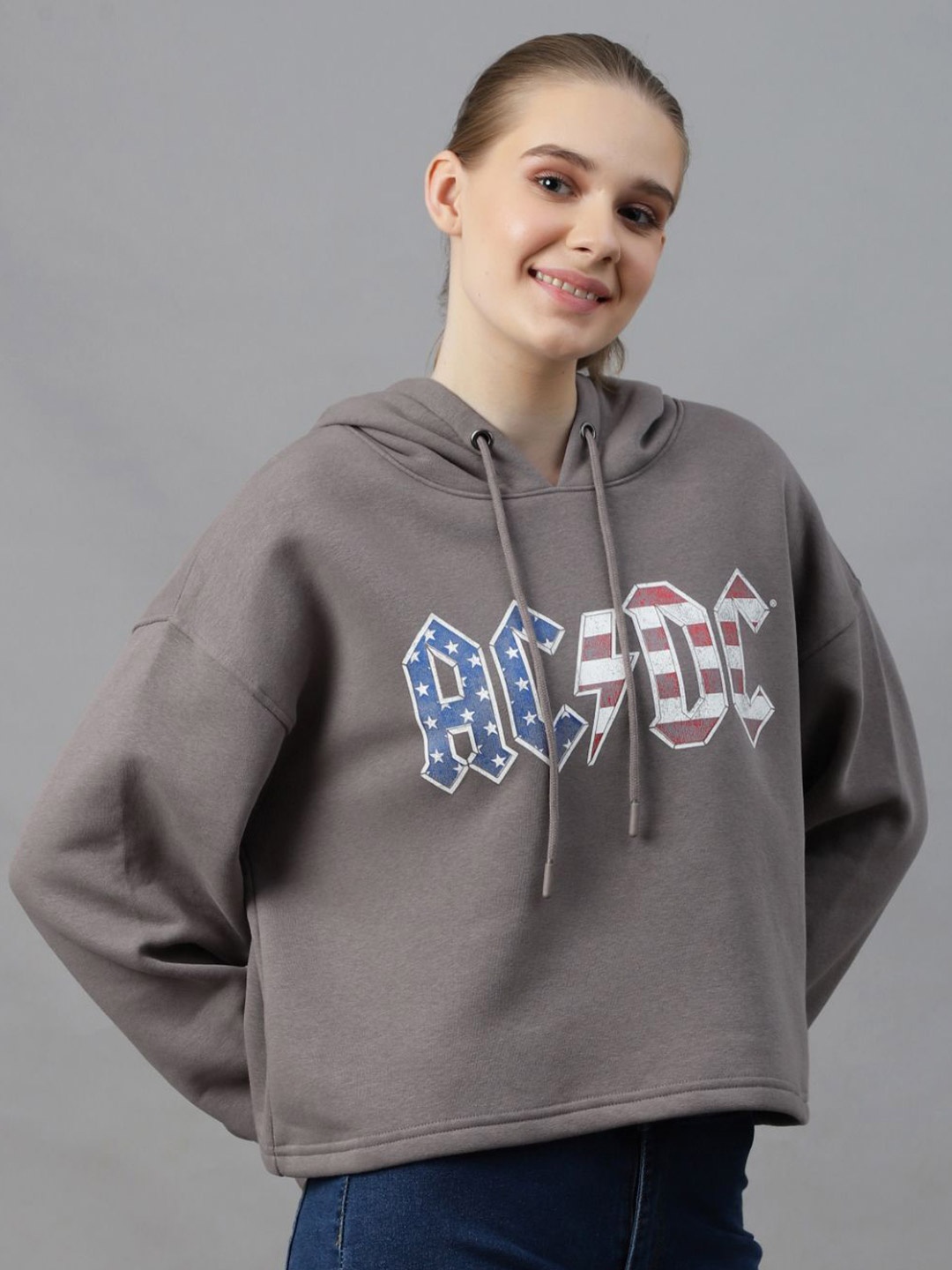 

Free Authority Women ACDC Printed Oversized Fit Hooded Sweatshirt, Grey