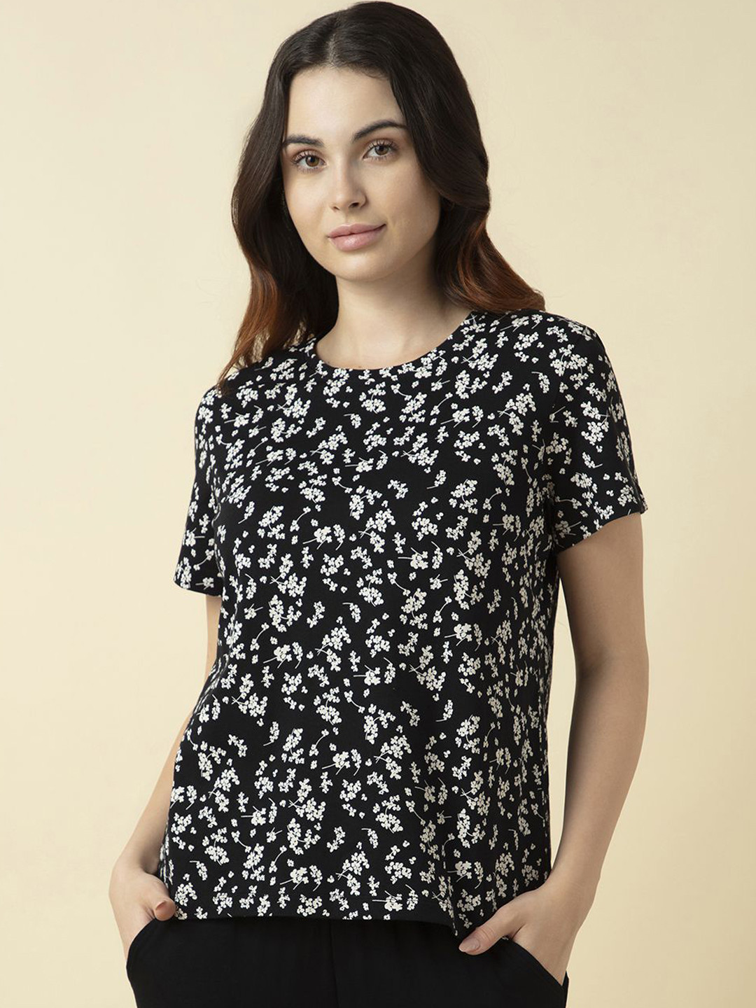 

Van Heusen Women Cotton Printed Relax Fit Lounge T-Shirt, Black