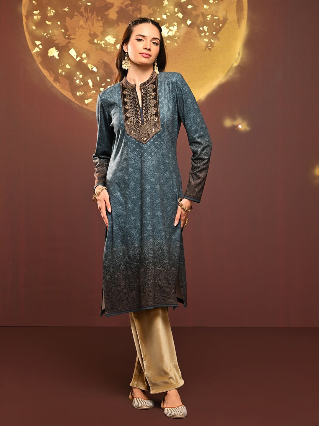

Lakshita Printed Mandarin Collar Kurtas, Blue