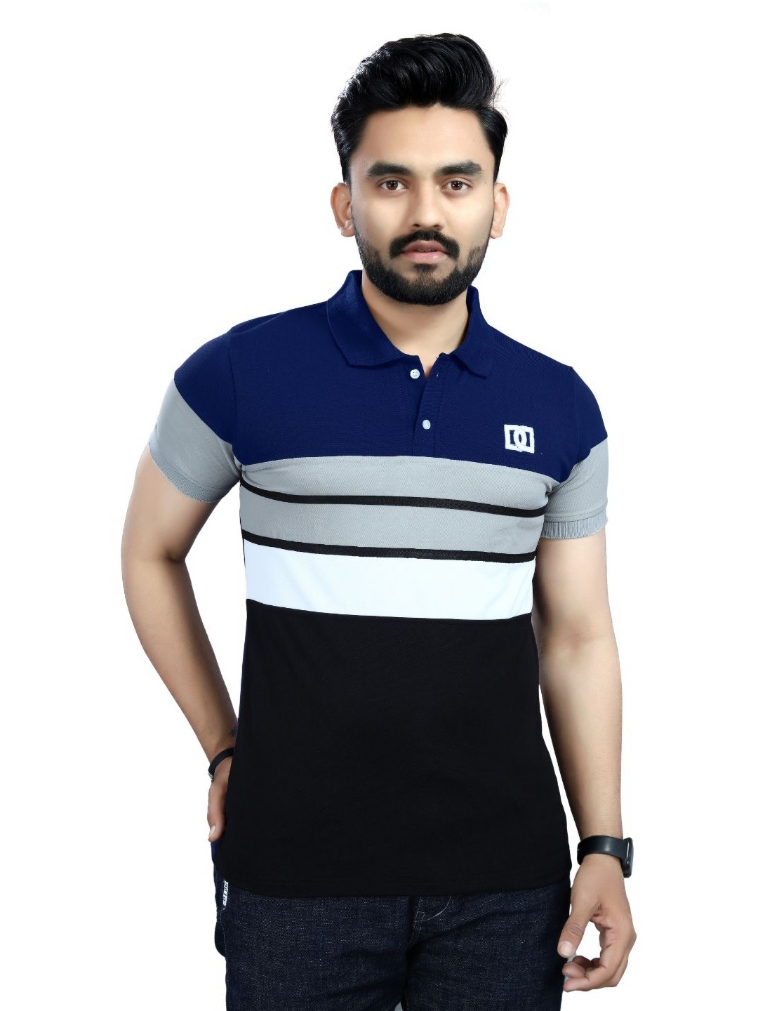 

DYRECTDEALS Men Striped Polo Collar Applique T-shirt, Navy blue