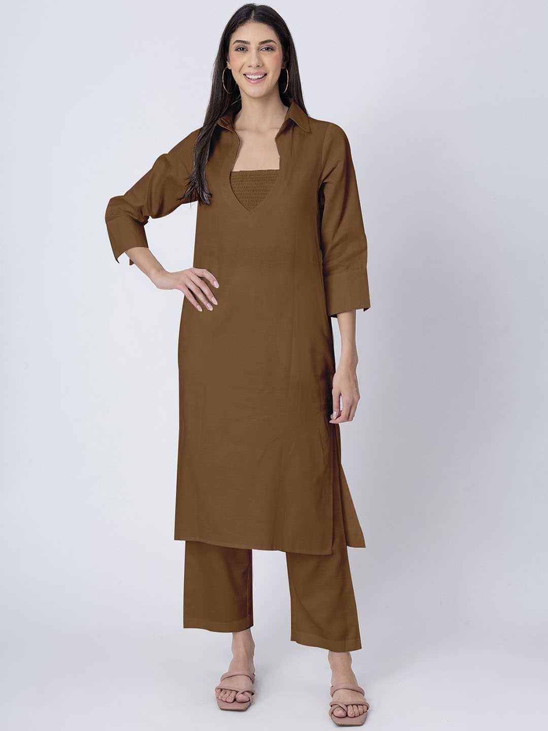 

Moomaya Shirt Collar Pure Cotton Kurta with Trouser and Tube Top, Brown