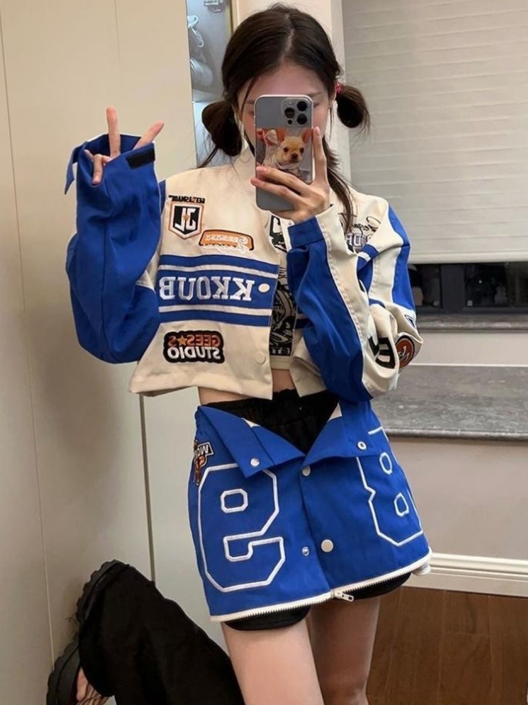 

KPOP Women Typography Crop Open Front Jacket, Blue