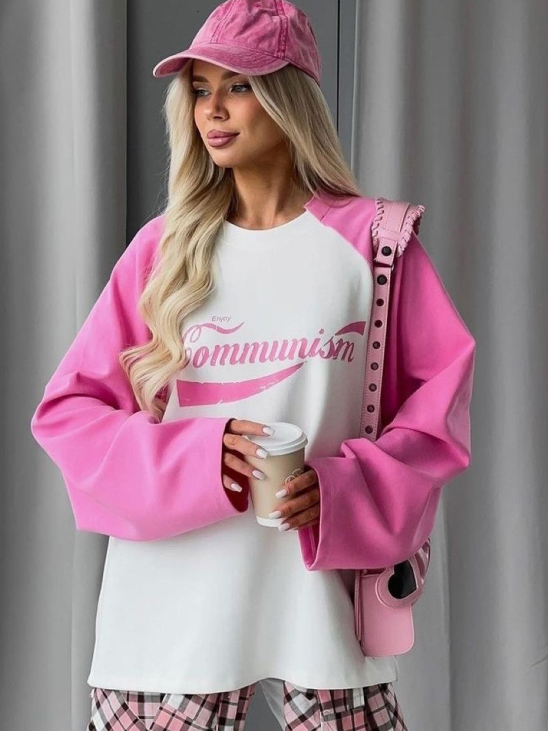 

HERE&NOW Women Typography Printed Round Neck Colourblocked Sweatshirt, Pink