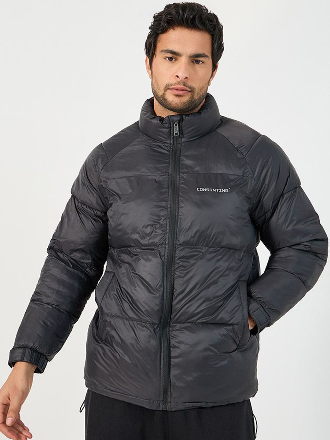 

Styli Stand Collar Quilted Minimal Print Detail Puffer Jacket, Black