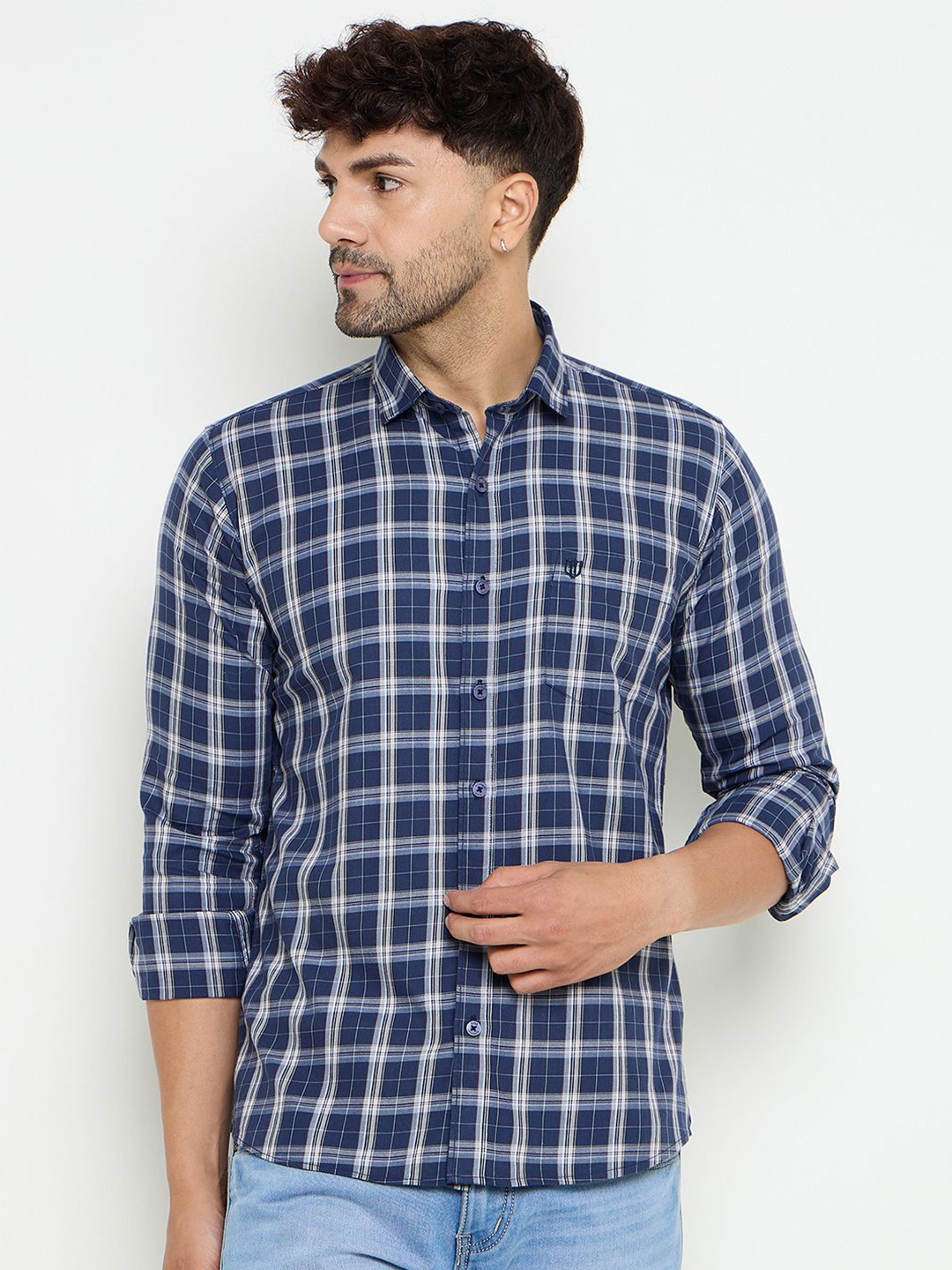 

Duke Men Slim Fit Tartan Checks Opaque Checked Casual Shirt, Blue