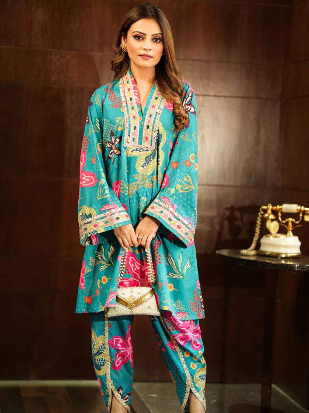 

KNIT NAP PRODUCTIONS Floral Printed Angrakha Anarkali Kurta with Dhoti Pants, Teal