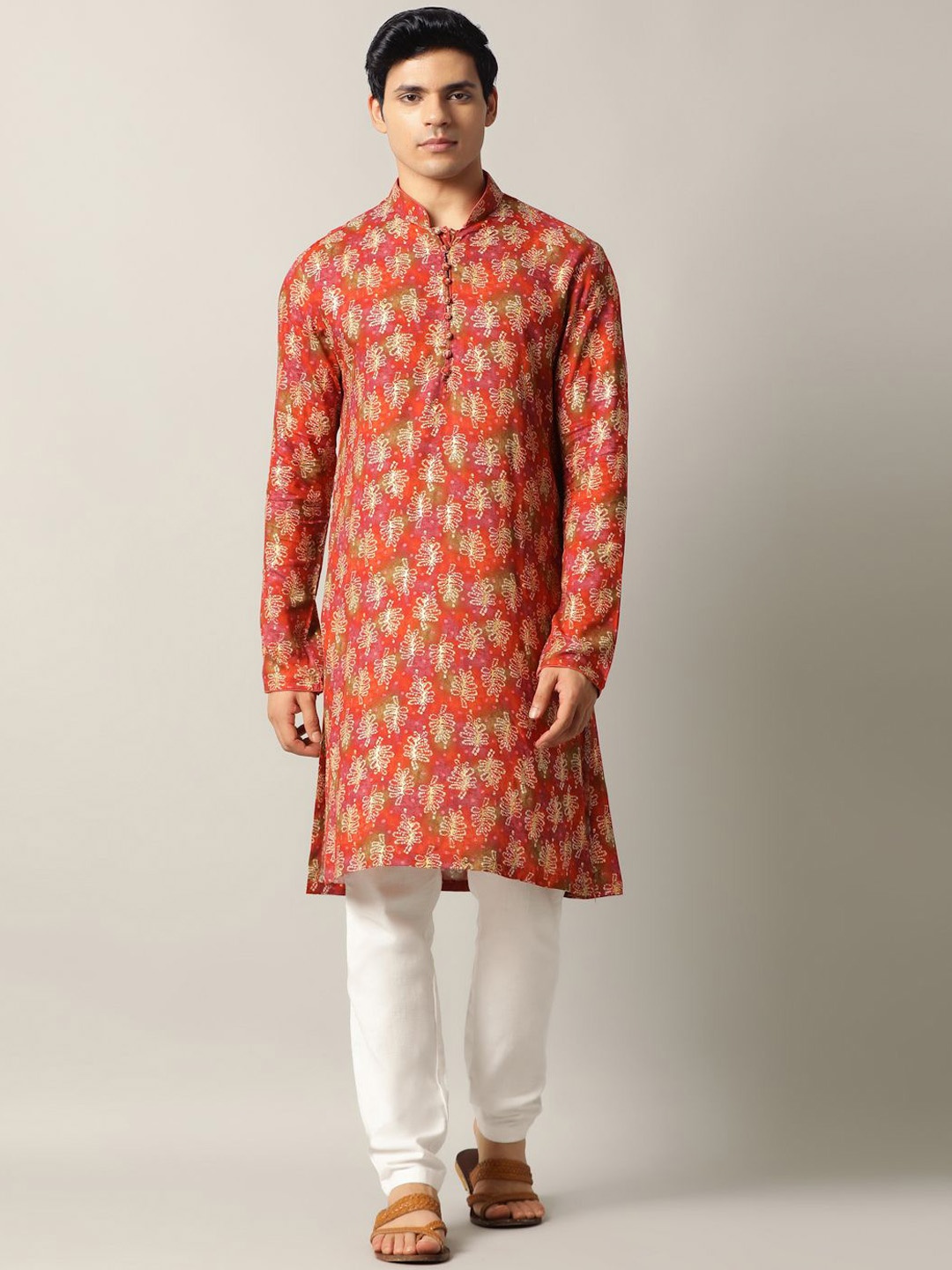 

THE KURTA COMPANY Floral Printed Mandarin Collar Long Sleeves Regular Straight Kurta, Orange