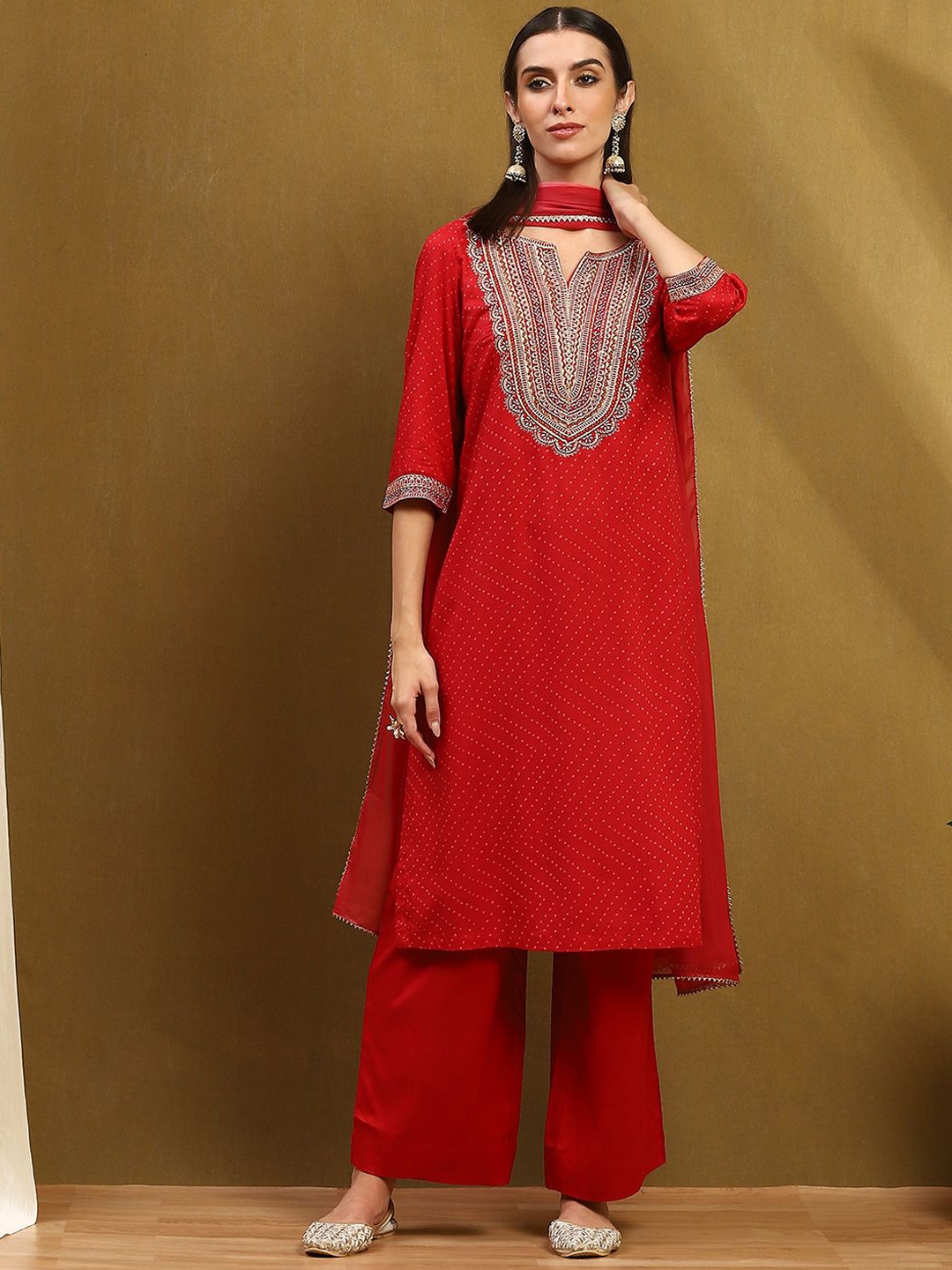 

Biba Ethnic Motifs Embroidered Sequinned Straight Kurta With Trouser & Dupatta, Red