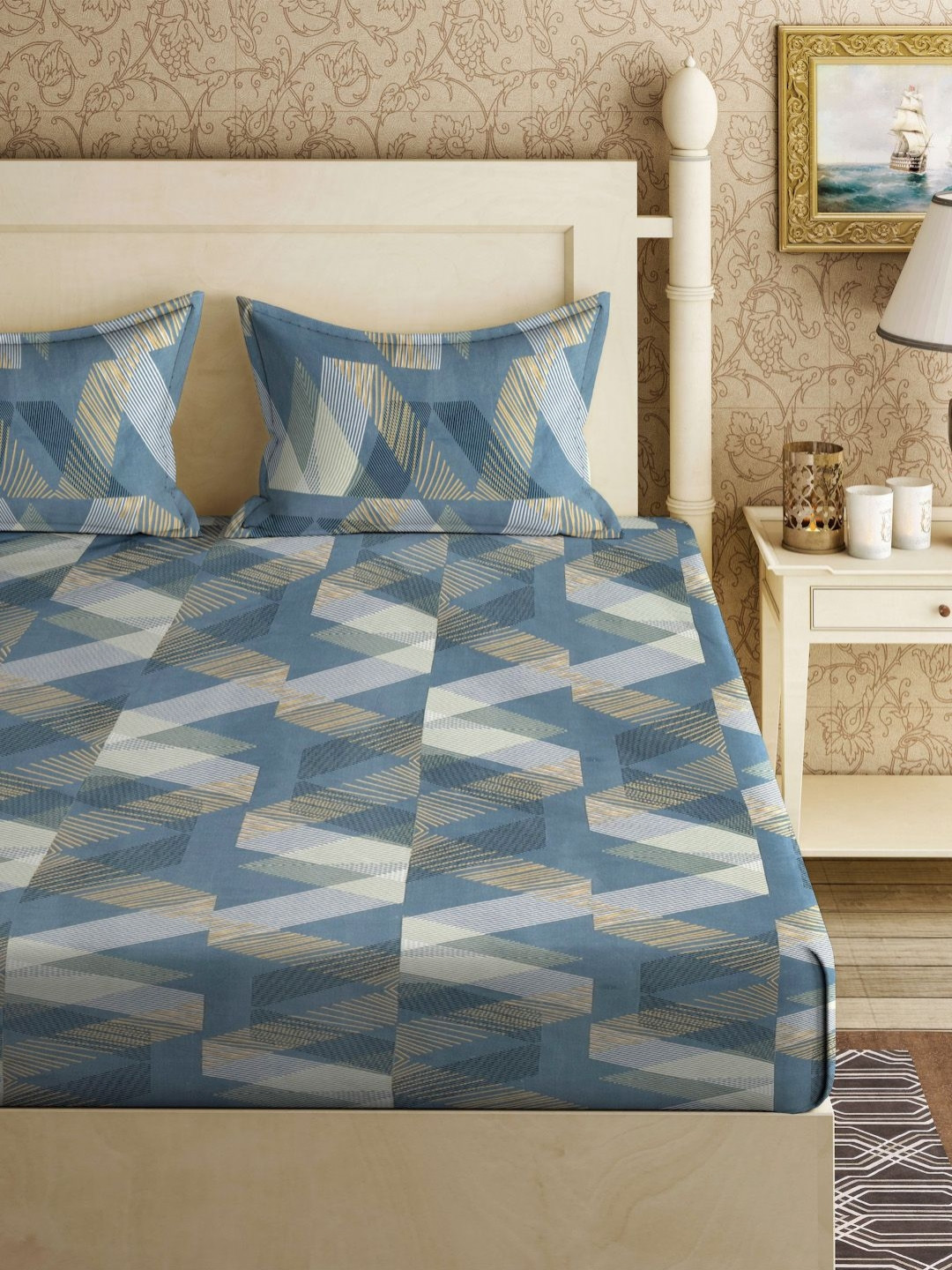

Aura Turquoise Blue & Brown Printed Fitted 300TC King Bedsheet With 2 Pillow Cover