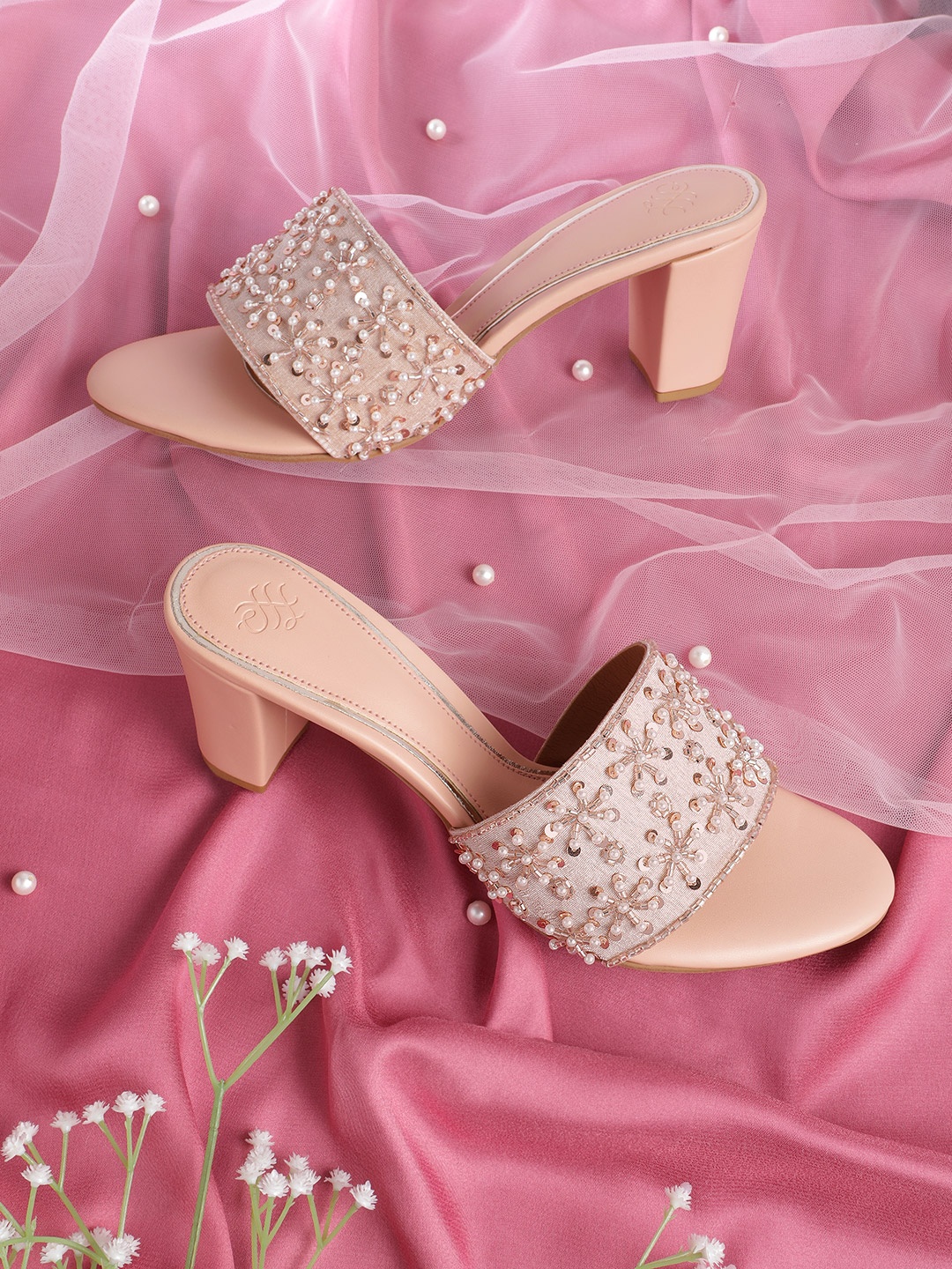 

House of Pataudi Open Toe Embellished Block Heels, Beige