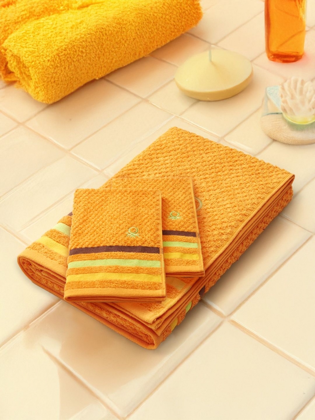 

United Colors of Benetton Orange-Coloured 3 Piece Striped 450 GSM Pure Cotton Towel Set